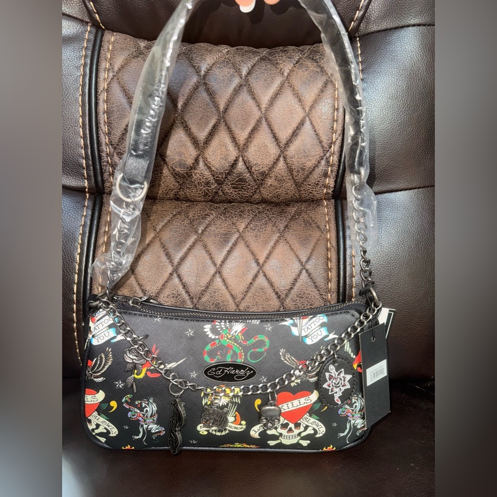 Ed Hardy Iconic Logo Tattoo Print Black Crossbody Shoulder Bag W Charms